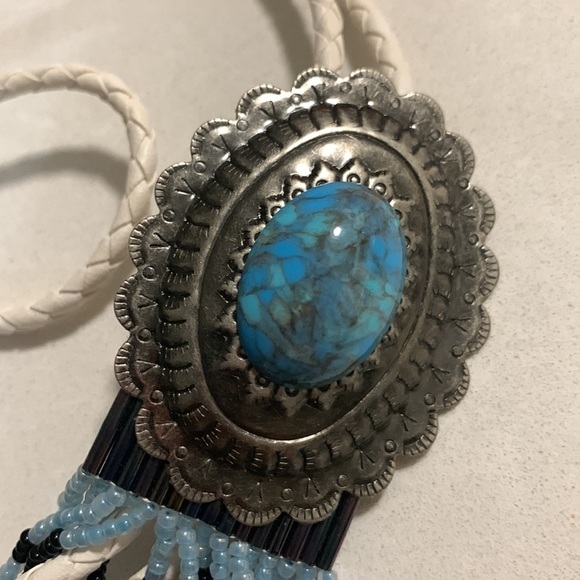 SOUTHWESTERN Bolo Tie with Beads Silver Tones 17” Leather White Cord - Picture 1 of 12